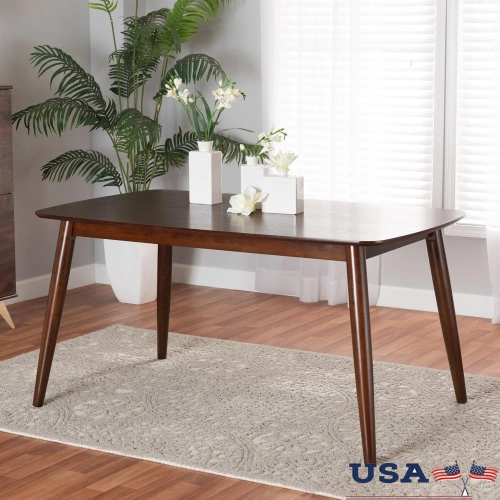 Mid-Century Modern Walnut Brown Wood Dining Table Rectangular Top Six Indoor Use Angled Legs Assembly Required Elegant