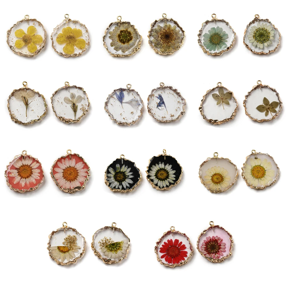 50Pcs Gold Foil Inner Flower Resin Pendant Transparent Flat Round Dangle Charms for DIY Jewelry Necklace Earring Making Supplies