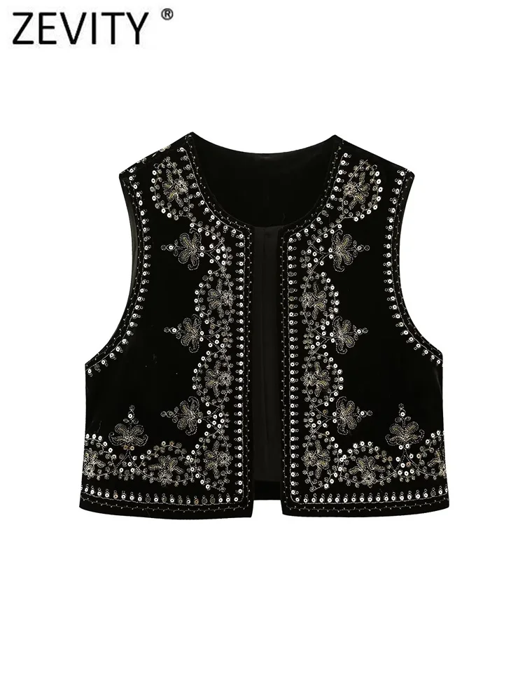 Zevity Women Vintage O Neck Sequins Flower Embroidery Short Vest Jacket Ladies Sleeveless Casual Velvet WaistCoat Tops CT3020