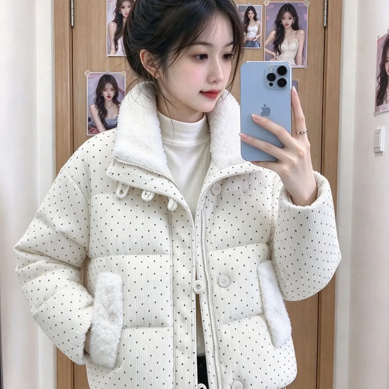 Dotted Cotton-Padded Jacket Women Fleece Collar Winter Warm Parker Coat Fashion Loose Thicken Casual Short Outerwear For Ladies