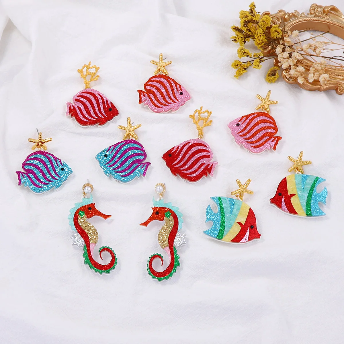 Fashion trend personalized splicing color acrylic ocean seahorse small fish earrings simple high-end earrings women