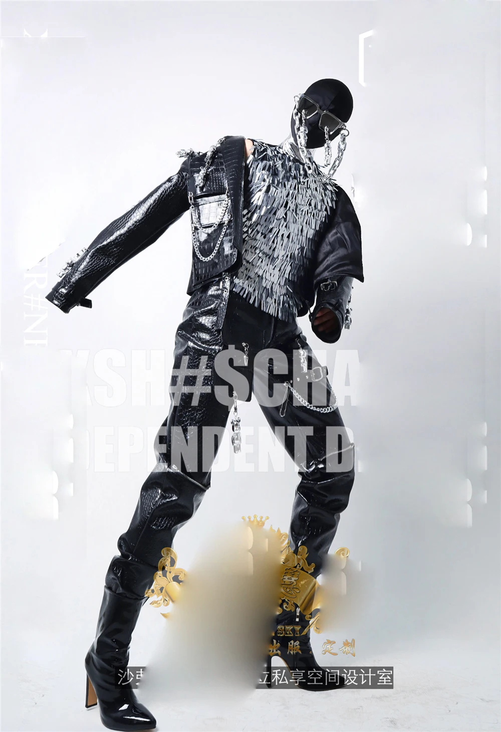 Singer  Party  Show MEN Club Modern jazz dance bar gogo male texture dark suit male DS tour  black leather costume