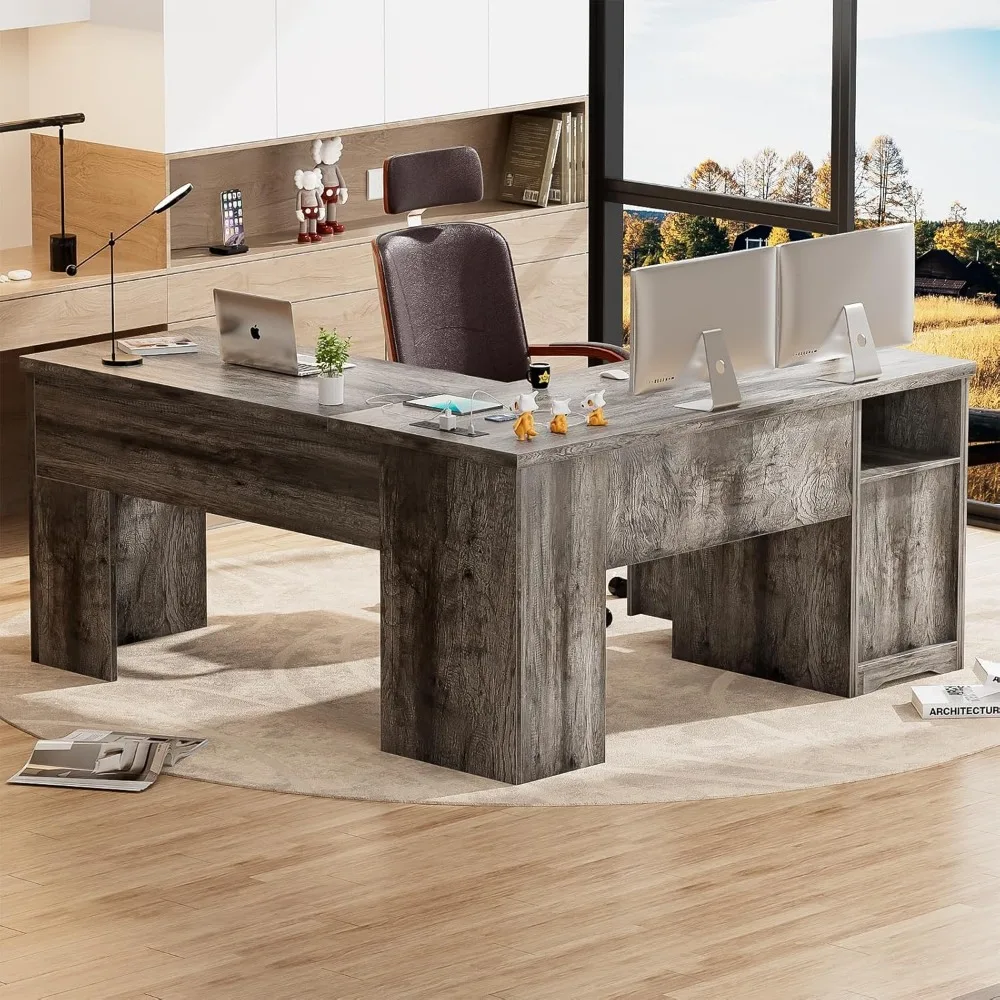 Bureau d'ordinateur en forme de L avec tiroir, bureau relevable avec prises de courant et ports de chargement USB