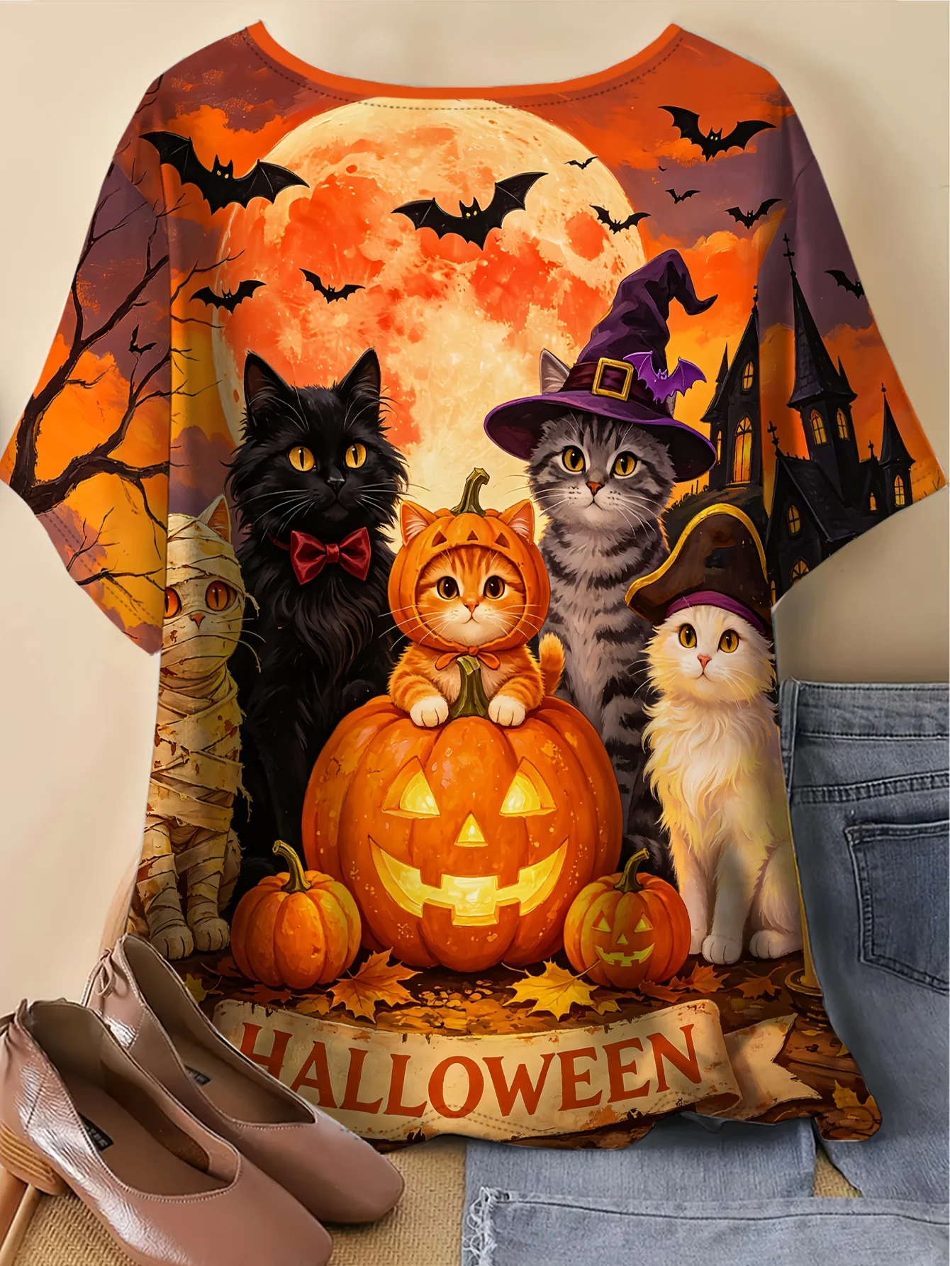 Women Halloween Cute Cats Pumpkin Lantern Print T‑Shirt Bat Castle Moon O‑Neck Short Sleeve Tops