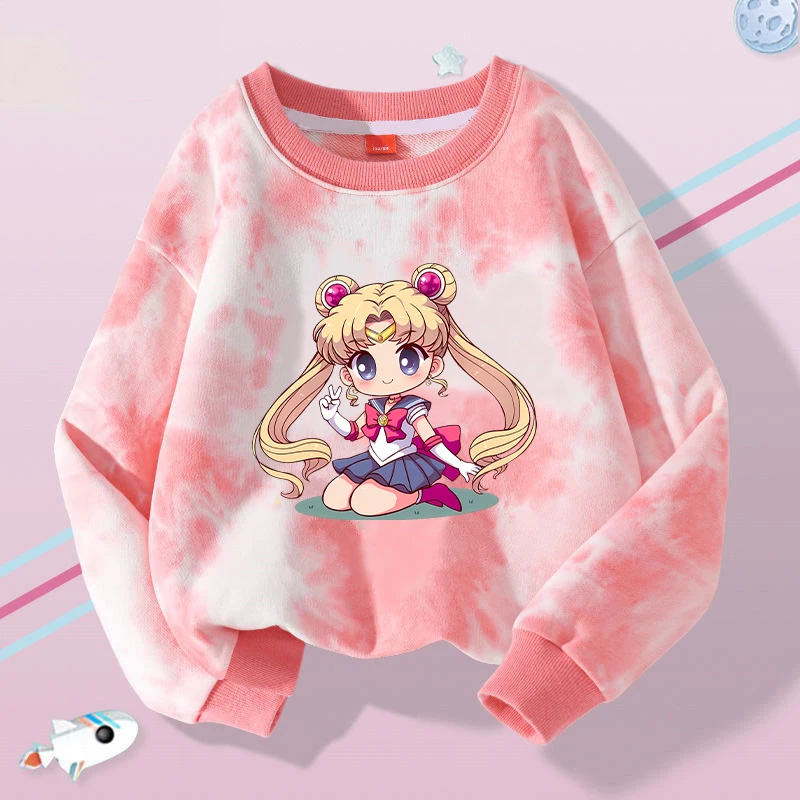 Sailor Moons für Mädchen Sweatshirt Kleidung Anime Cartoon Kawaii Tie-Dye Pullover Langarm Geburtstagsfeier Urlaub Kindergeschenke