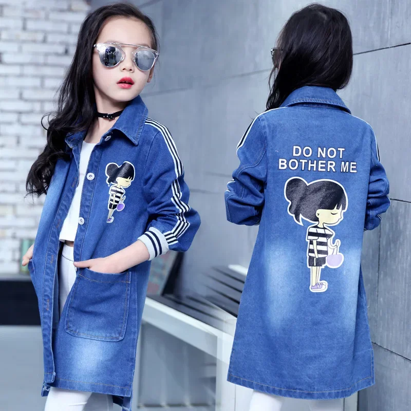 Spring Clothing Jeans Coat for Girls Denim Jackets Cartoon Children Outerwear Kid Active Autumn Clothes Teenager Long Trench Top