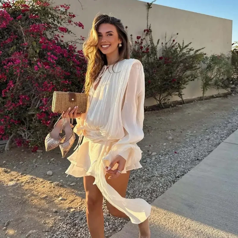 2026 New Summer Fashion Women's Hot Selling Pure Desire Style V-neck Waist Bubble Sleeve Irregular Hem Dress+Shorts Set