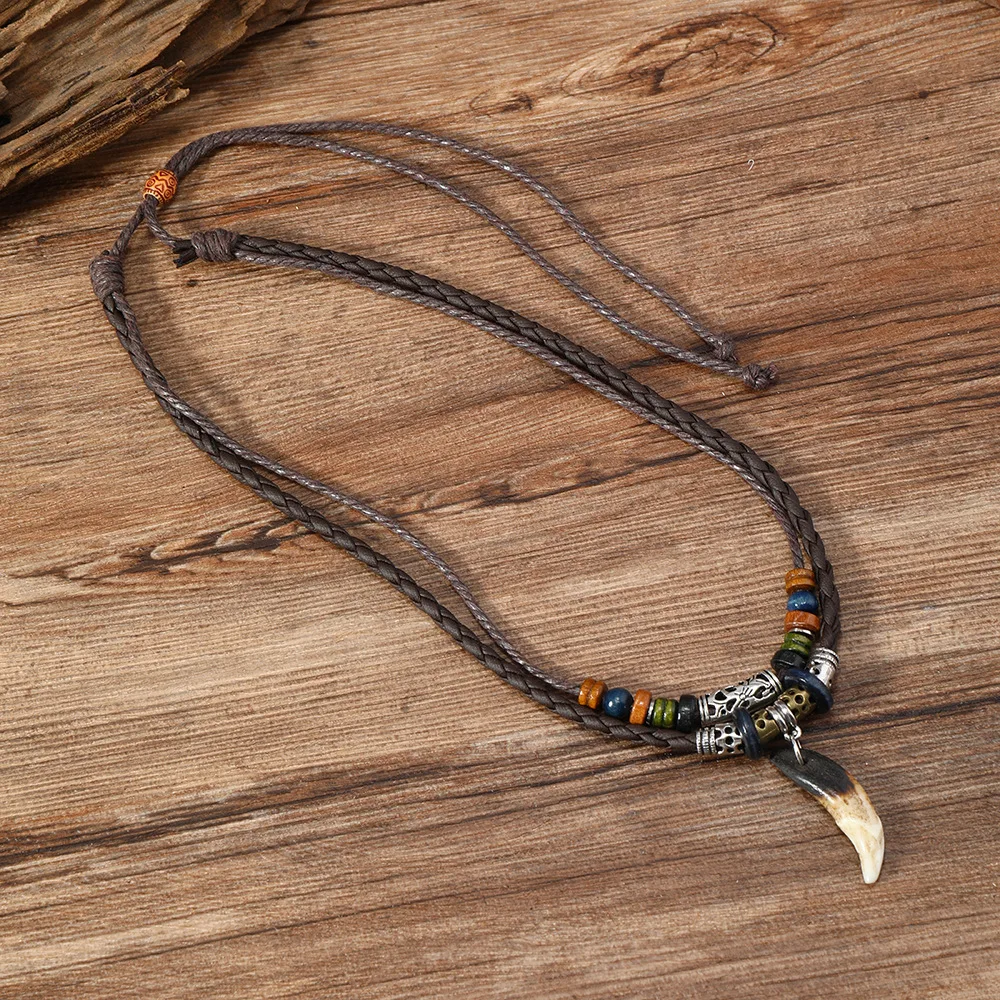 Men's Tribal Fang Tooth Pendant Necklace Adjustable Braided Leather Cord and Alloy Beads Vintage Boho Surfer Hippie Jewelry Gift