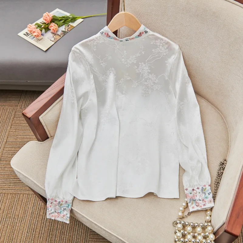 Satin Women\'s Shirts Loose Silk Chinese Style Blouses Spring/Summer Ladies Clothing Fashion Long Sleeves Women Tops