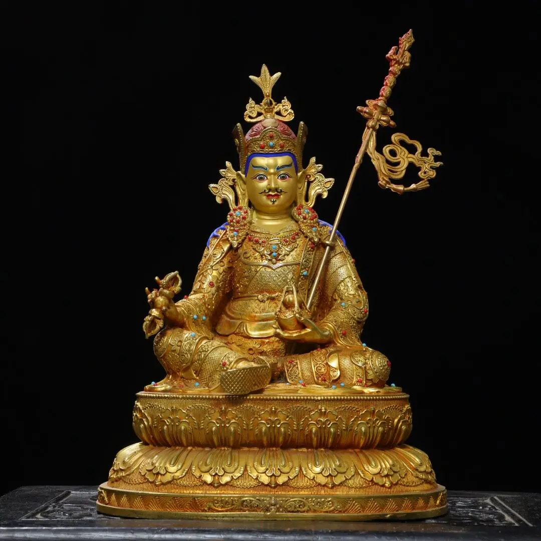 Guru Padmasambhava Brass Buddha Statue Full Gold Gilt Copper Carving Tibetan Home Altar Decor
