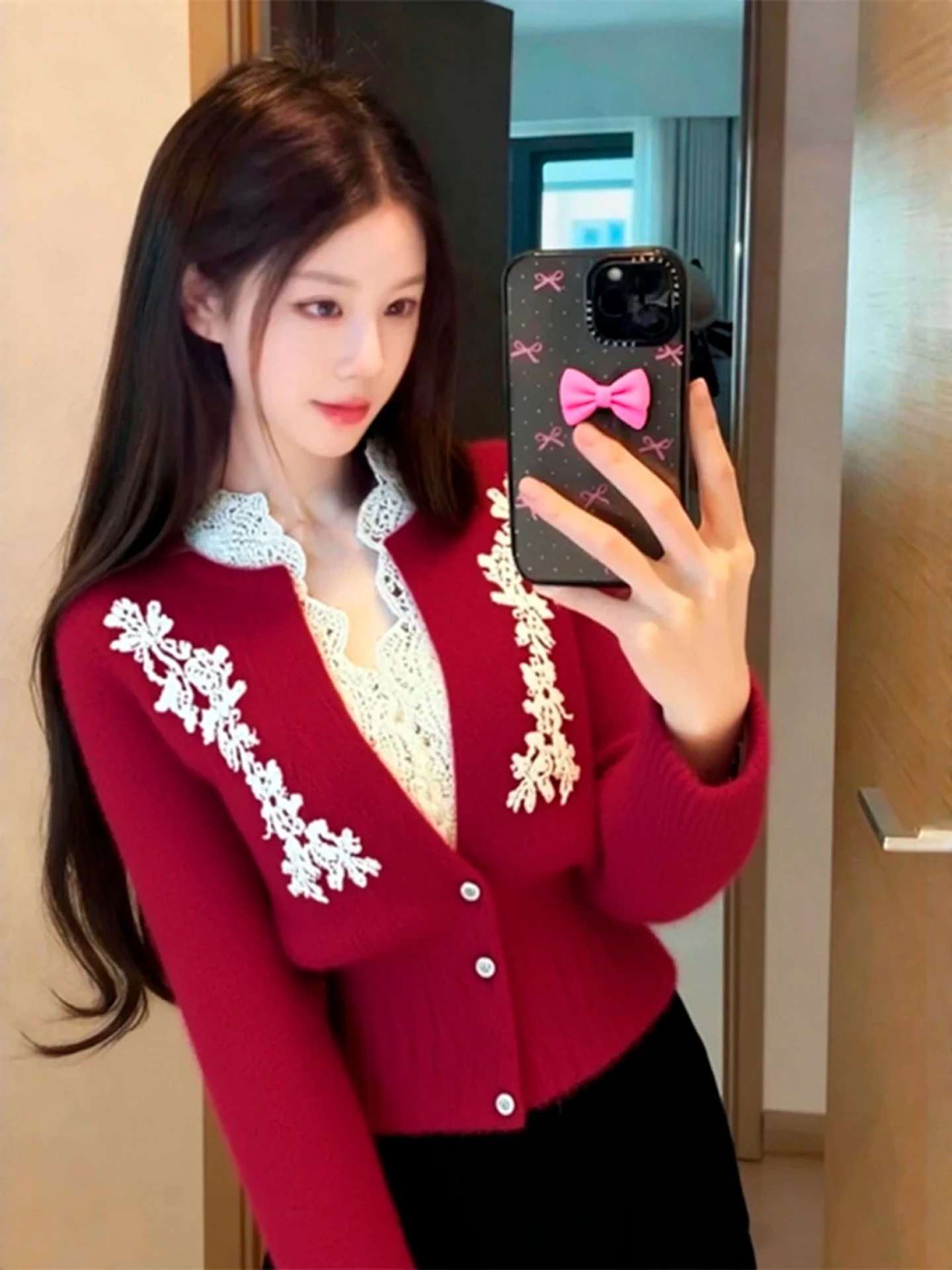 

Red Lace Splice Knitted Top Women's Winter plus Size Slim Fit Sli Light Maturi Inner Wear Sweater Polyester Fiber Long ...