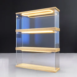 Ring Light Acrylic Display Case with Door for Action Figure, Car Model, Dustproof Stackable Storage Box with Step for Doll