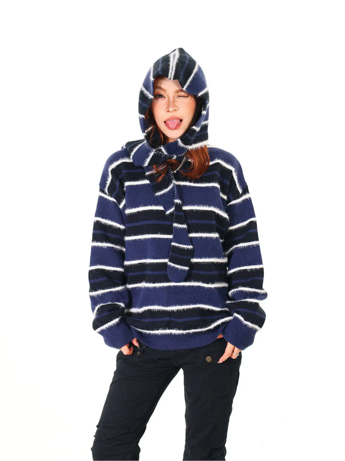 

Светло-голубой американский свитер с капюшоном в полоску, женский свободный вязаный свитер, осенне-зимняя новинка, повседневная одежда