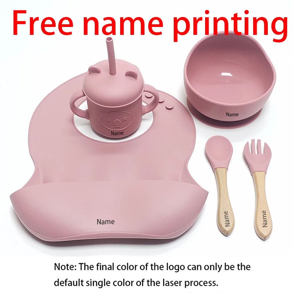 

Free Name Printing Silicone Children's Tableware 5pcs Feeding Bowl Silicone Fork Spoon Tray Meal Training Holiday Gift