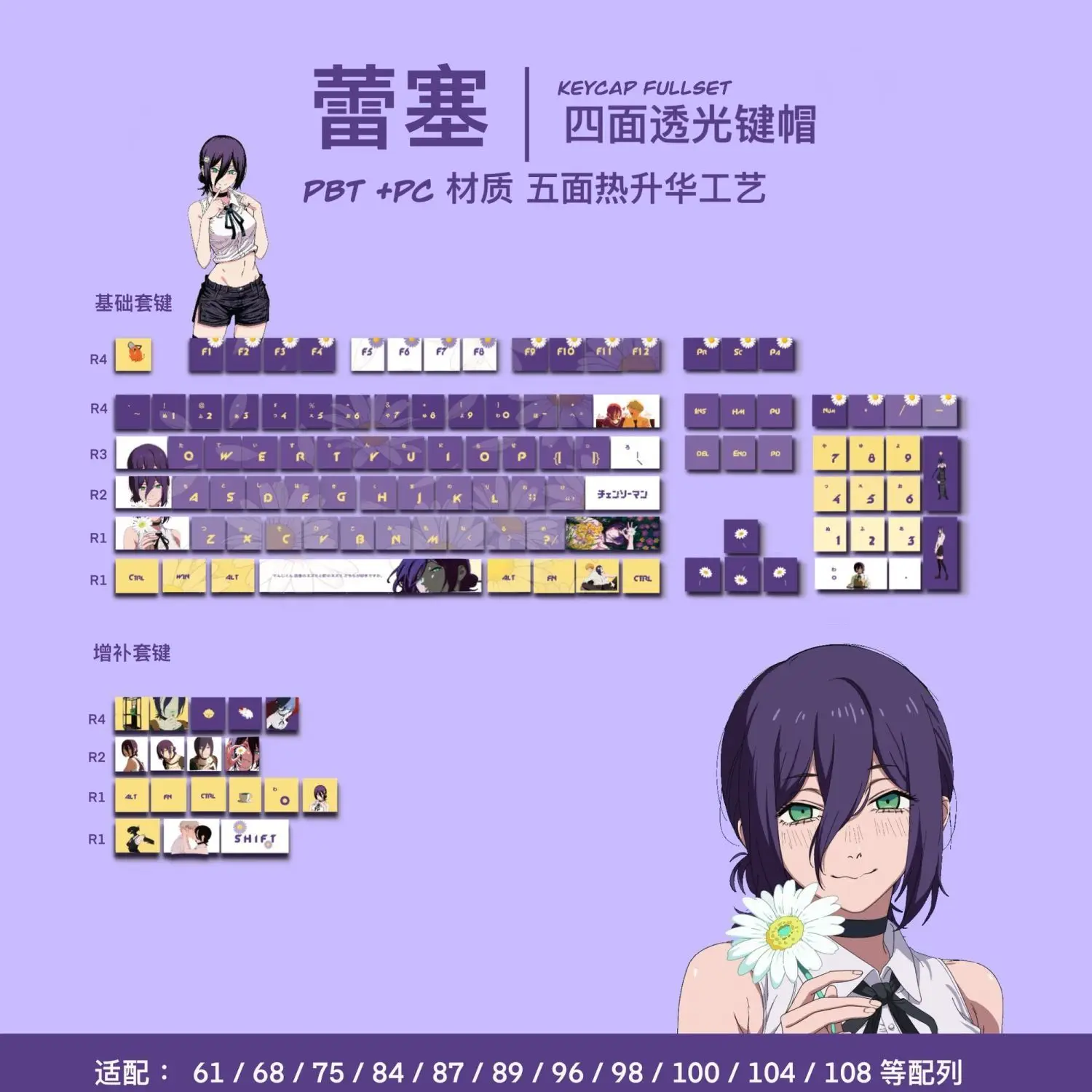 

Chainsaw Man Reze Keycaps Four-sided Transmission Five-sided Hot Sublimation PBT PC Cherry Animation Mechanical Keyboard Keycaps