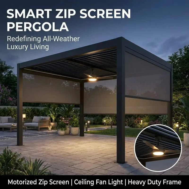 Modern Aluminum Pergola Motorized Zip Screen Ceiling Fan Light-Resistant Luxury Backyard Balcony Resort Terrace