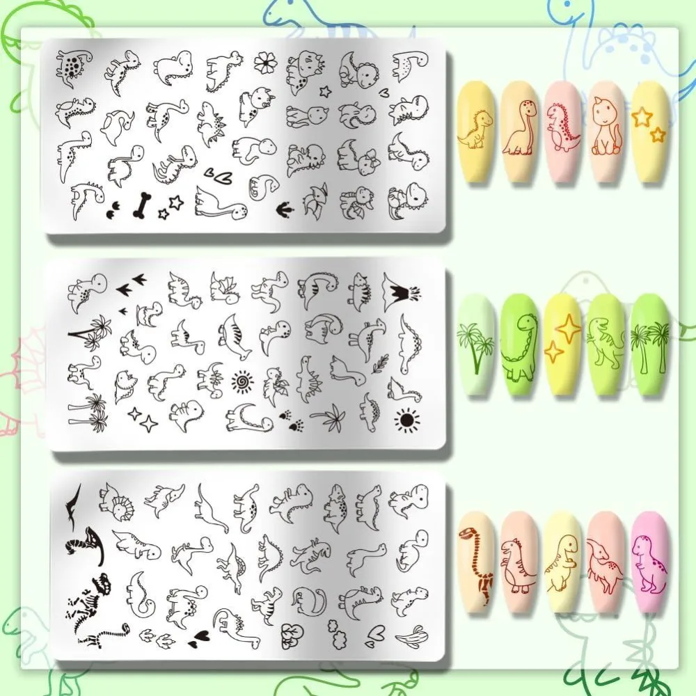3pcs Dinosaur Nail Stamping Plates Cute Little Dinosaur Nail Art Templates Love Sun Plant Stencils Stainless Steel Image Plates view 3
