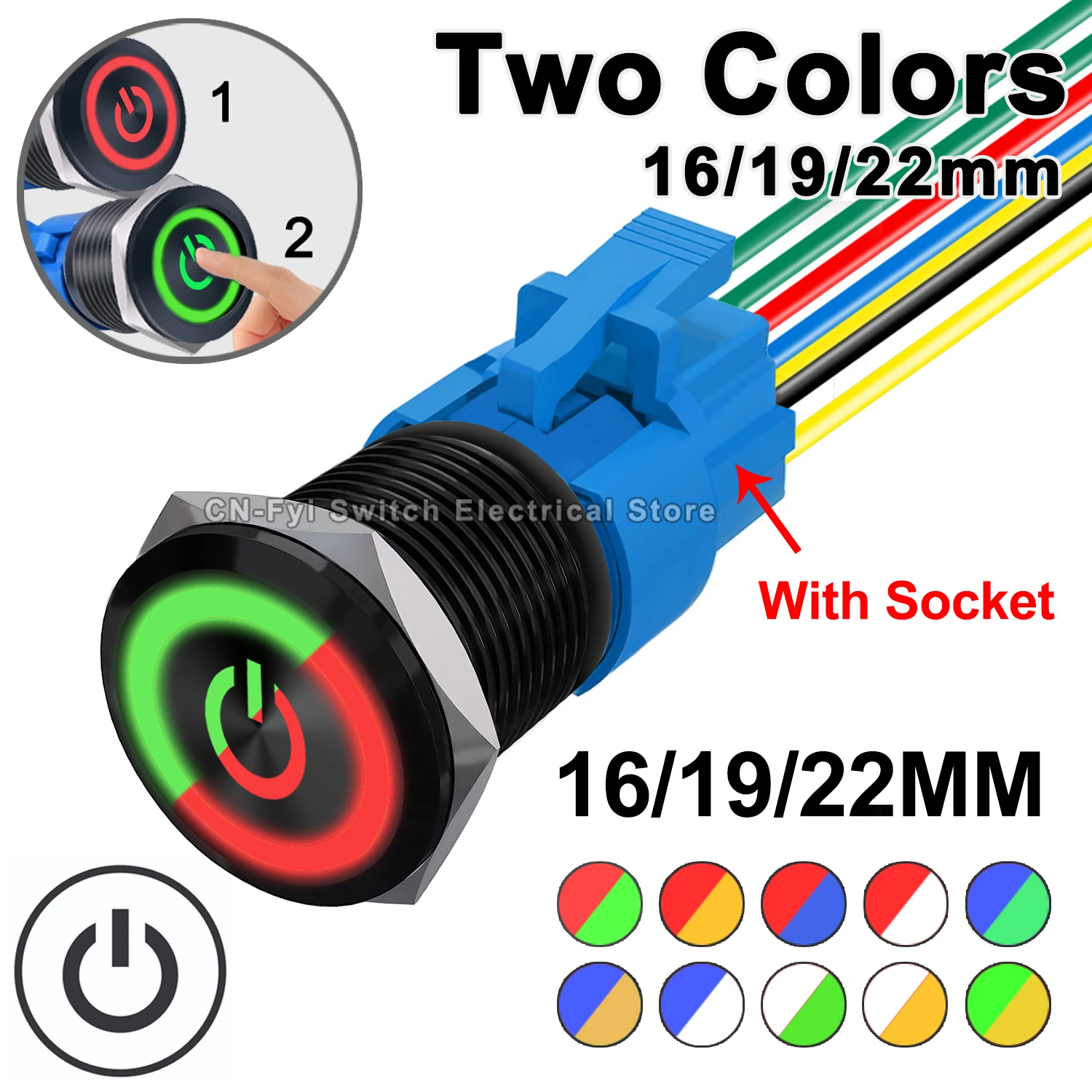 

Bicolor LED Power Logo Black Metal Push Button Switch with Socket 16/19/22mm Waterproof ON OFF Car Start Stop 6V 12V 24V 220V