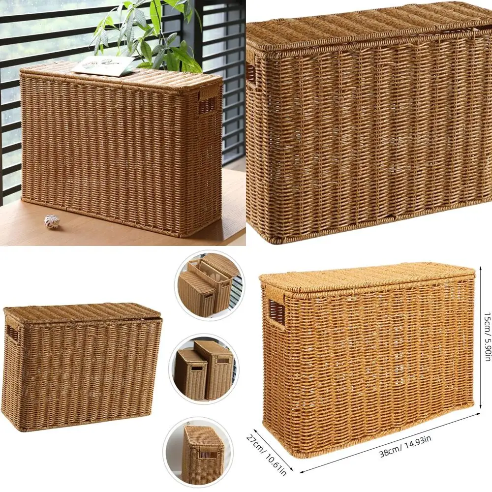 

Slim & Tall Storage Box with Lid, Book Basket, Compact Organizer for Sundries, Toy Storage Basket, Woven Lidded Basket, Plastic