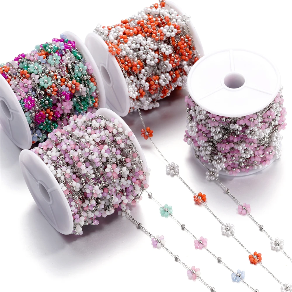 1Meter Edelstahl Kette Mit Kristall Blume Naturstein Perlen Bunte Kette Für Halskette Armband DIY Schmuck Machen