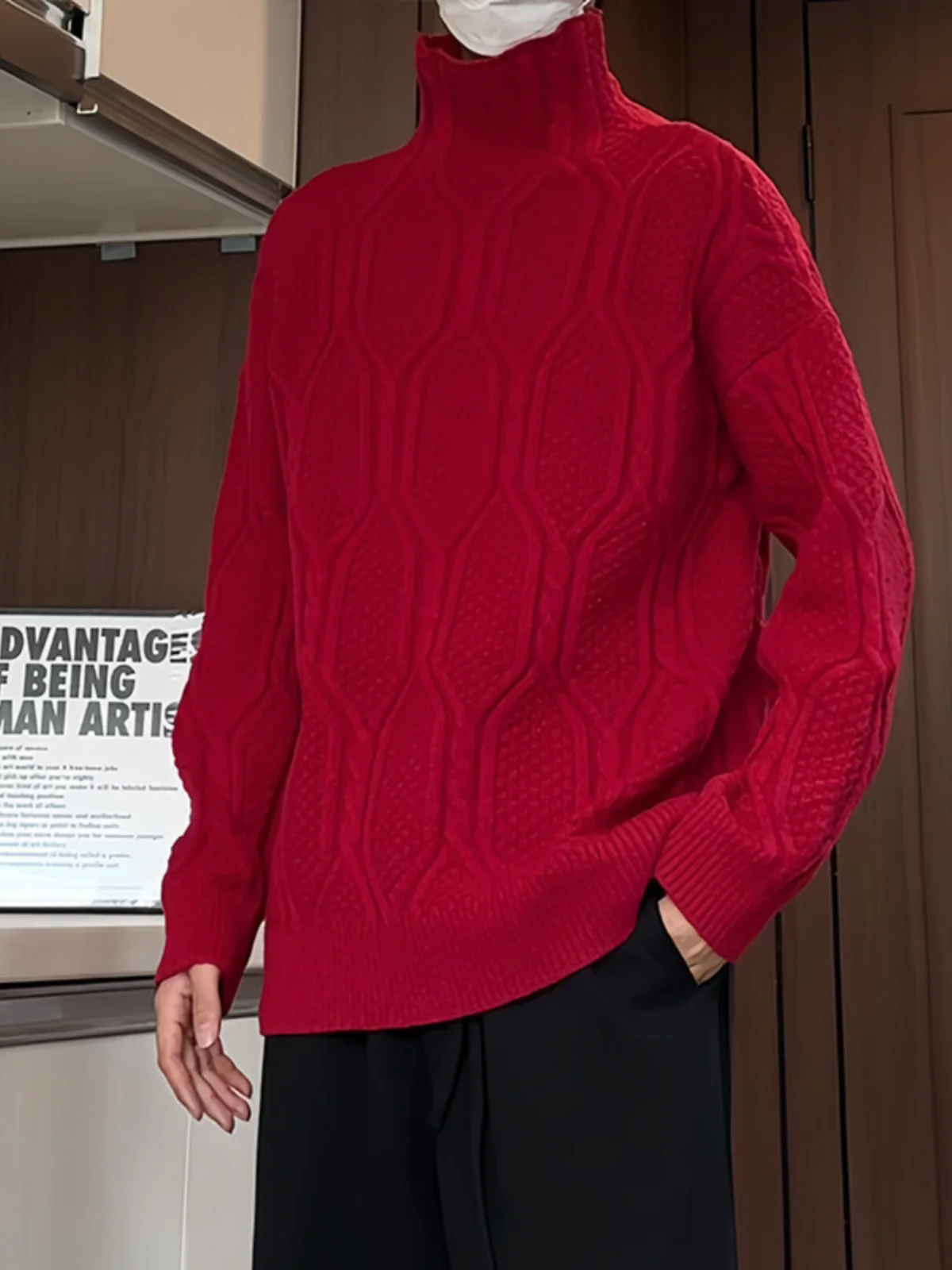 

Luy Year Men's Knitted Sweater Pure Color Big Red Autumn Winter Loose Fit Comfortable Soft Thiened Long Sve f High ...