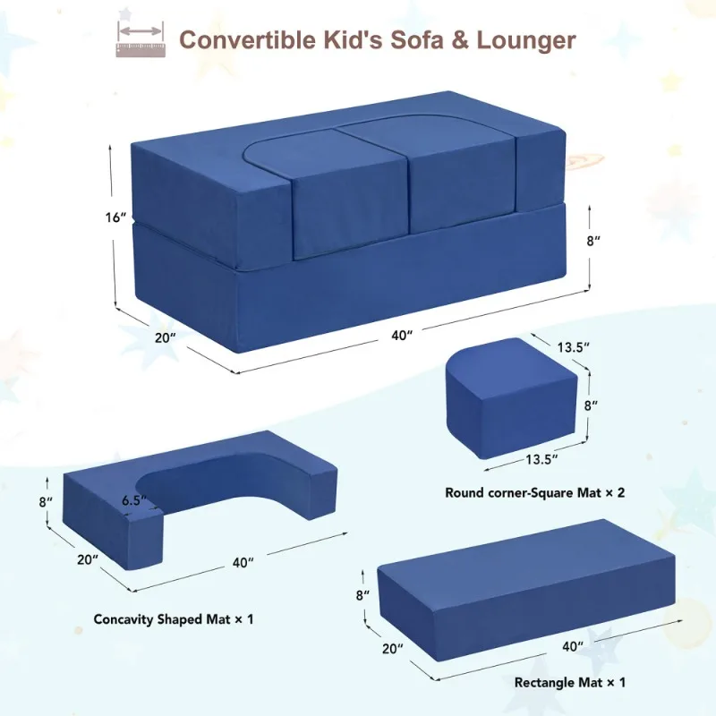 Set di divani modulari blu per bambini Divano da gioco componibile convertibile con pouf Mobili in morbida schiuma per sala giochi e camera da letto per bambini