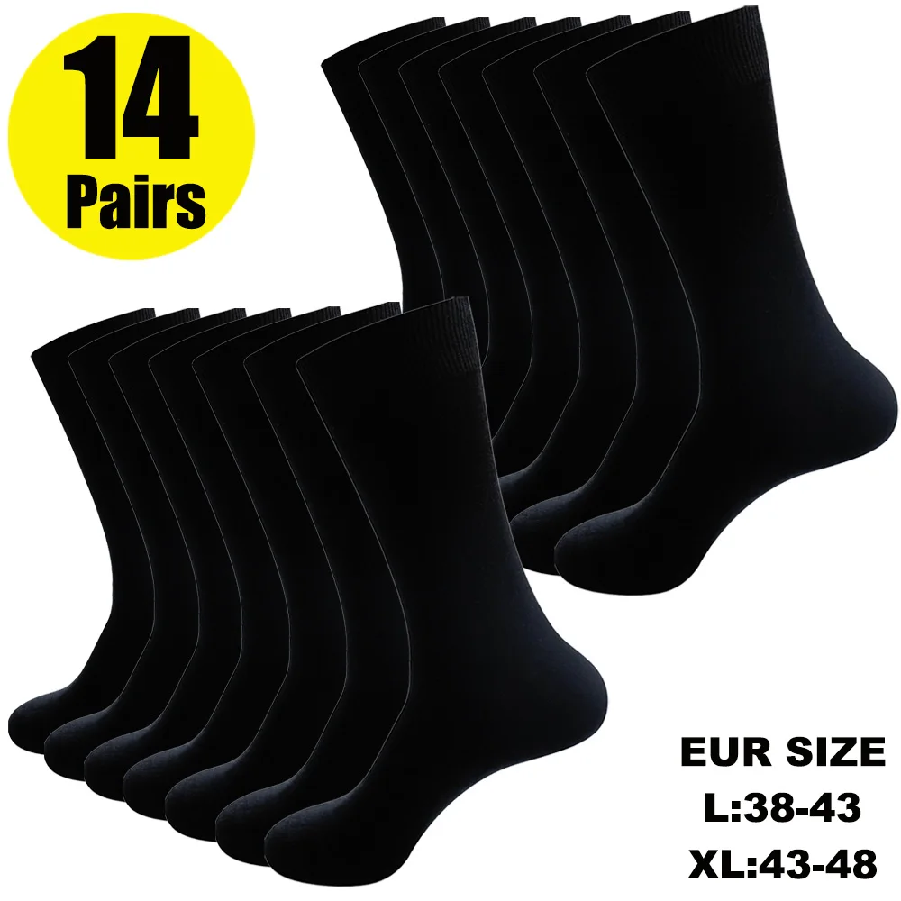 14 Pairs Men's Black Crew Dress Socks High Quality Cool Breathable Casual Combed Cotton plus Size