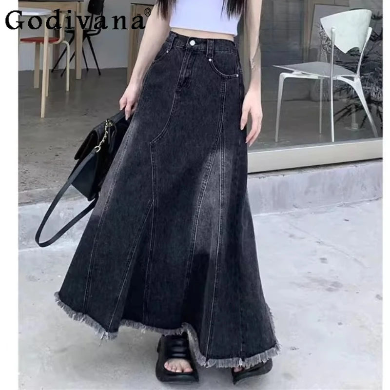 

Плюс размер для девочек, ретро, высокая талия, грубый край, простая модная джинсовая юбка, летняя новая свободная трапециевидная универсальная черная длинная юбка для отдыха