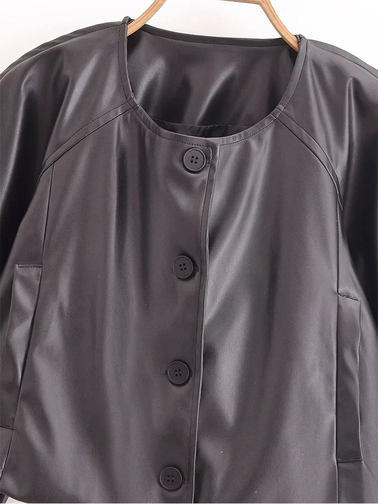 Giacca in pelle PU nera pop Giacca casual monopetto in pelle con spallina temperamento manica lunga raglan allentata