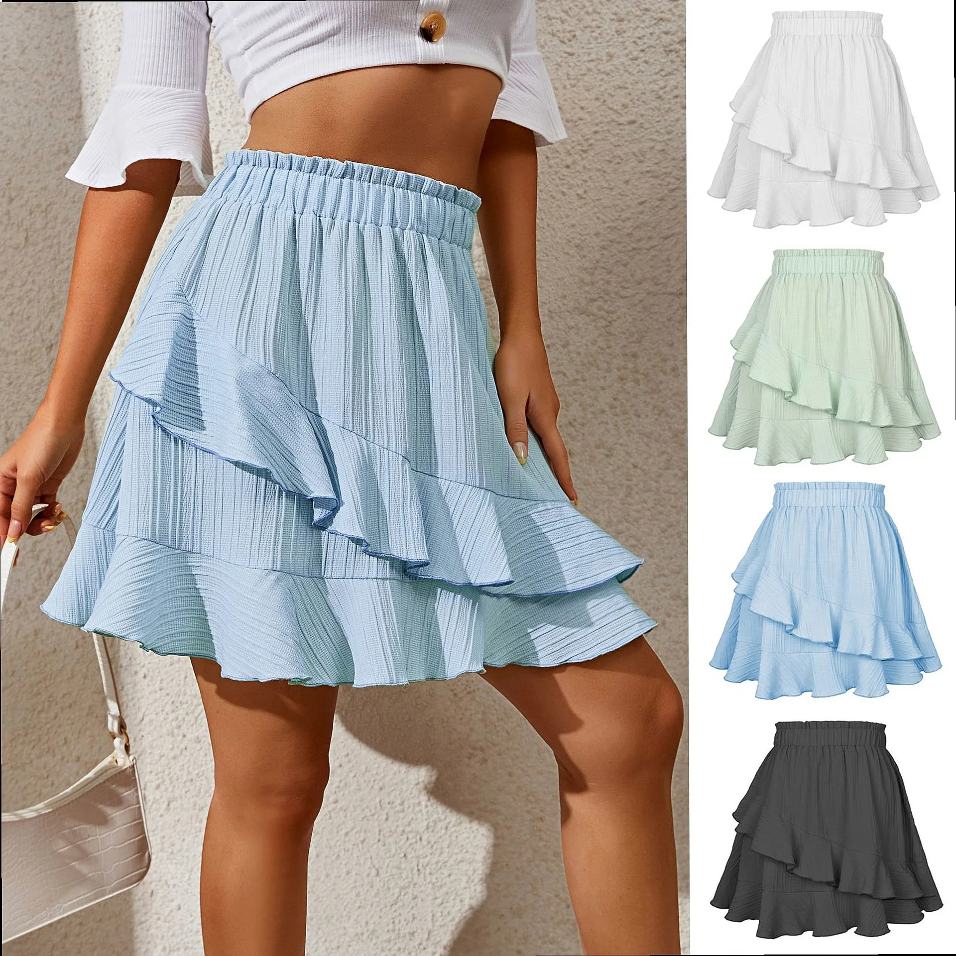 Summer Ruffle Skirt Women High Waist Irregular Solid Short Skirt Flared Hem Skirts