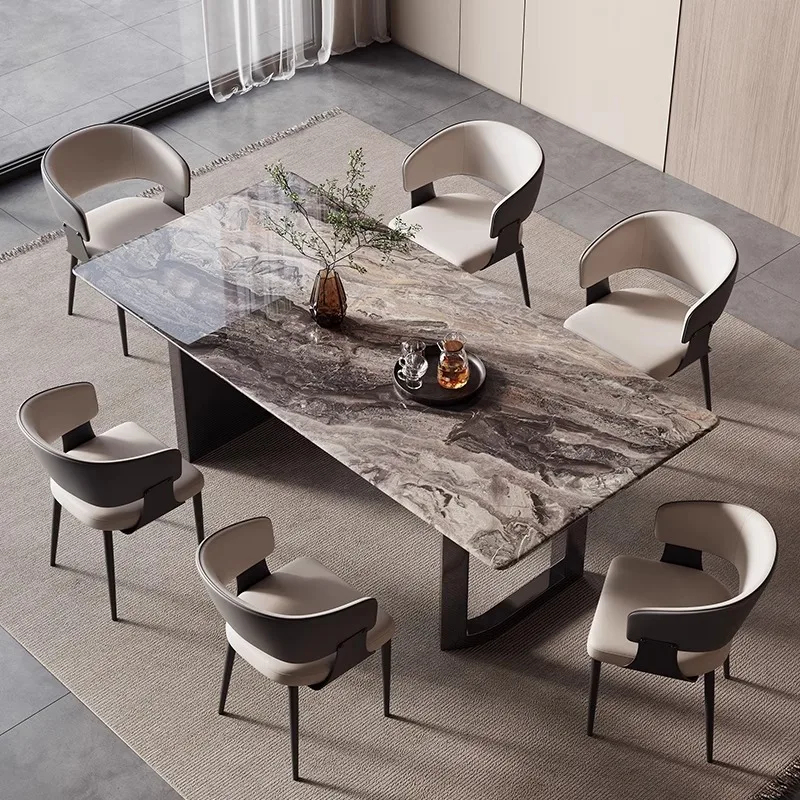 

Venice brown rectangular household luxury stone dining table modern simple marble stainless steel table legs dining table light