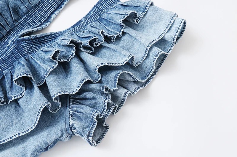 

Hebe Sle V-Ne Svel Ruffle ort Waist-Cinching Denim Top Thin Summer Doll irt Women's Faion Cotton Blend irt