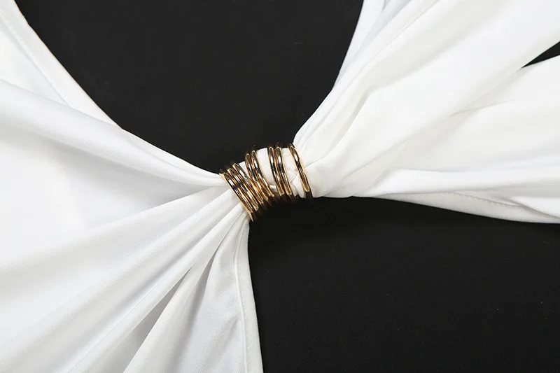 Sukienka maxi na imprezę z marszczeniami, metalową klamrą, ażurowymi wycięciami, imitująca dwuczęściowy komplet, kolekcja jesień 2025, seksowna damska sukienka z głębokim dekoltem w serek, długim rękawem i odkrytymi plecami.