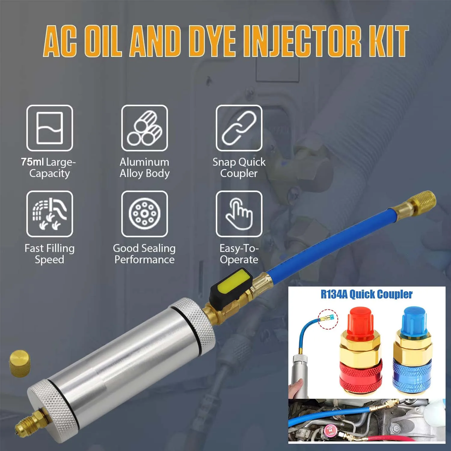 Oil&Dye Injector R134A R12 R22 2oz Hand Turn Pump Oil Injection Car A/C Adapter and R134A Quick Coupler