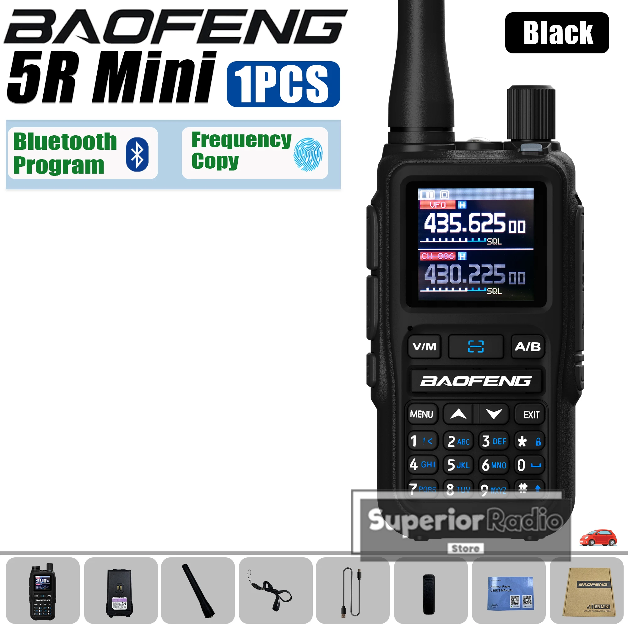 Baofeng UV-5R Mini Walkie Talkie Black Color Bluetooth Programming Multi Band Fast Copy Frequency Dual PTT Type-C 999 Channels