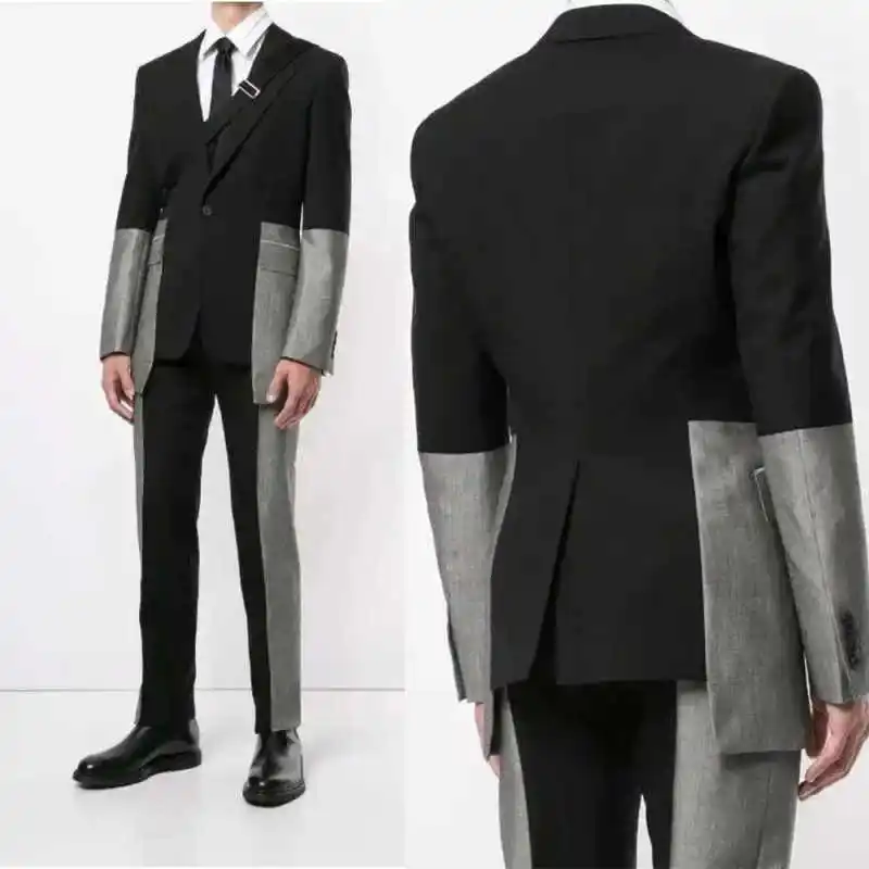 Glam Black Grey Men 2‑Pieces Suit Set Color Block Patchwork Notched Lapel Slim Fit Jacket Pants For Business Party Customized