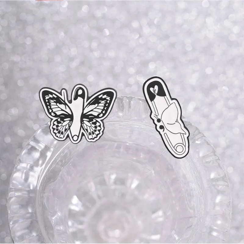 Black White Safety Pin Butterfly Enamel Pins Mental Health Brooches Lapel Badges Semicolon Jewelry Gift for Friends view 6