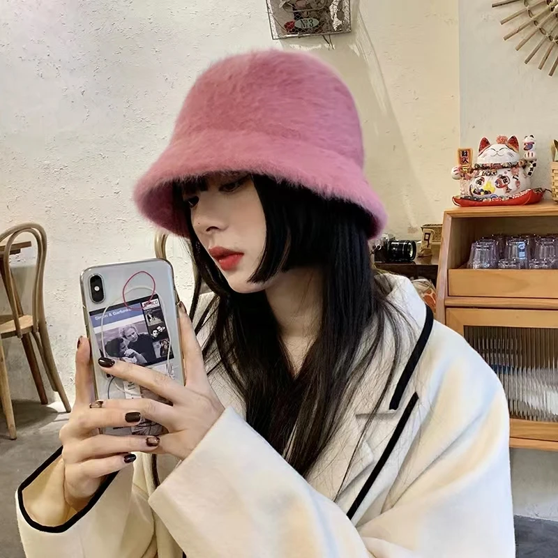 2022 winter women\'s fashion Solid color rabbit fur hat bucket cap fisherman\'s hat with cross basin Bucket Hat for free shipping