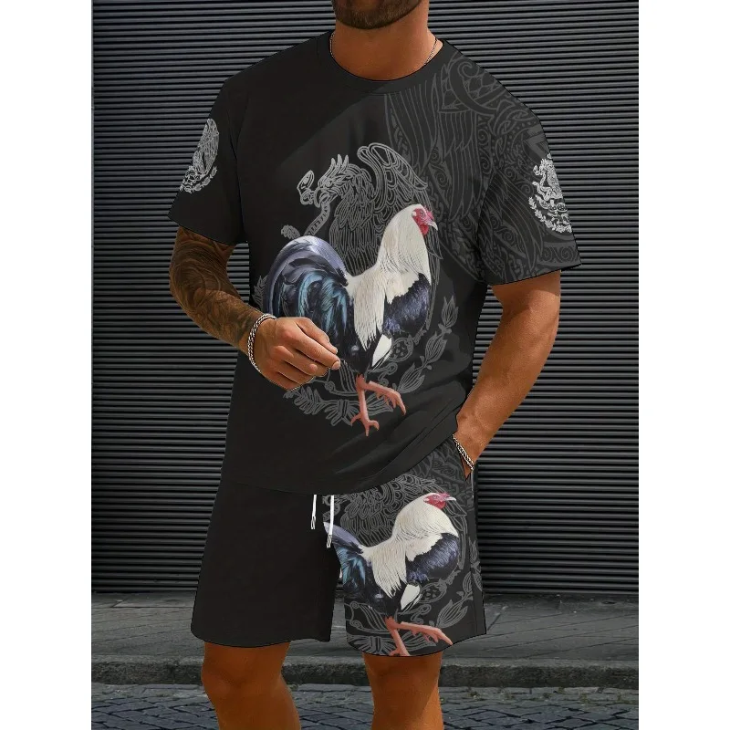 2025 New Summer Round Neck T-shirt Fashion 3D Digital Printed Chicken Pattern Men's Shorts Short Sleeve Set Two Piece Set