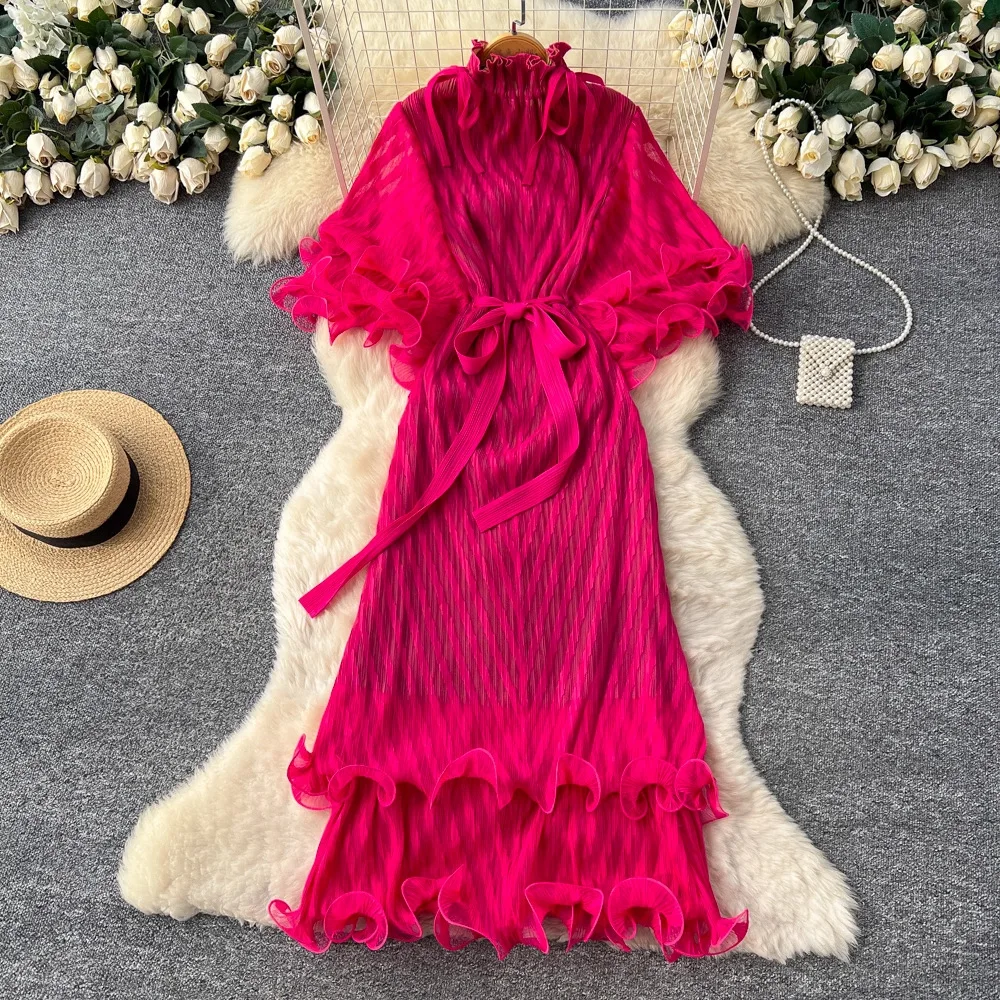 

Miyake Horn Sleeve Pleated Dress Women's Autumn Atmosphere, Strap Waist Ruffle Edge Temperament Light Mature Long Dress