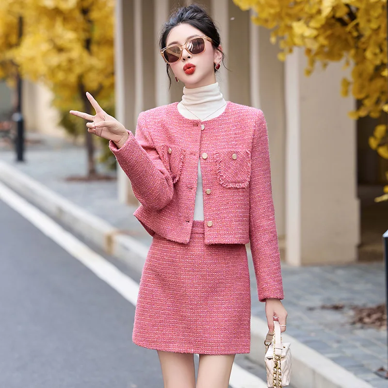 

Женский костюм из грубой шерсти из 2 предметов, комплект с короткой курткой и юбкой, весна-осень, новинка 2025 года, маленький ароматный стиль