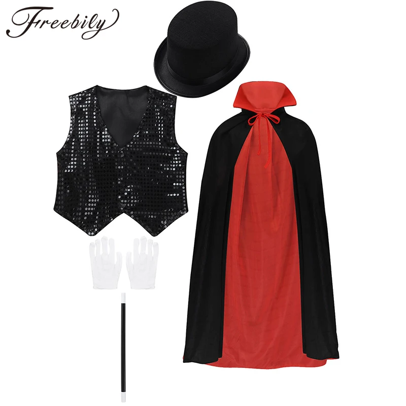 

Kids Magician Cosplay Outfits Waistcoat Cape Hat Magic Wand Gloves Sets for Party Halloween Role Play Choir Jazz Dance Stage