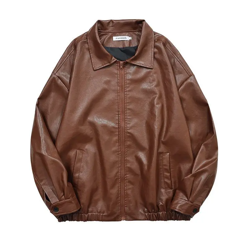 Pu Leather Jacket Men Brown Retro Motorcycle Jacket Autumn Korean Fashion Fried Street Loose Zipper Bomber Jacket Learher Coats