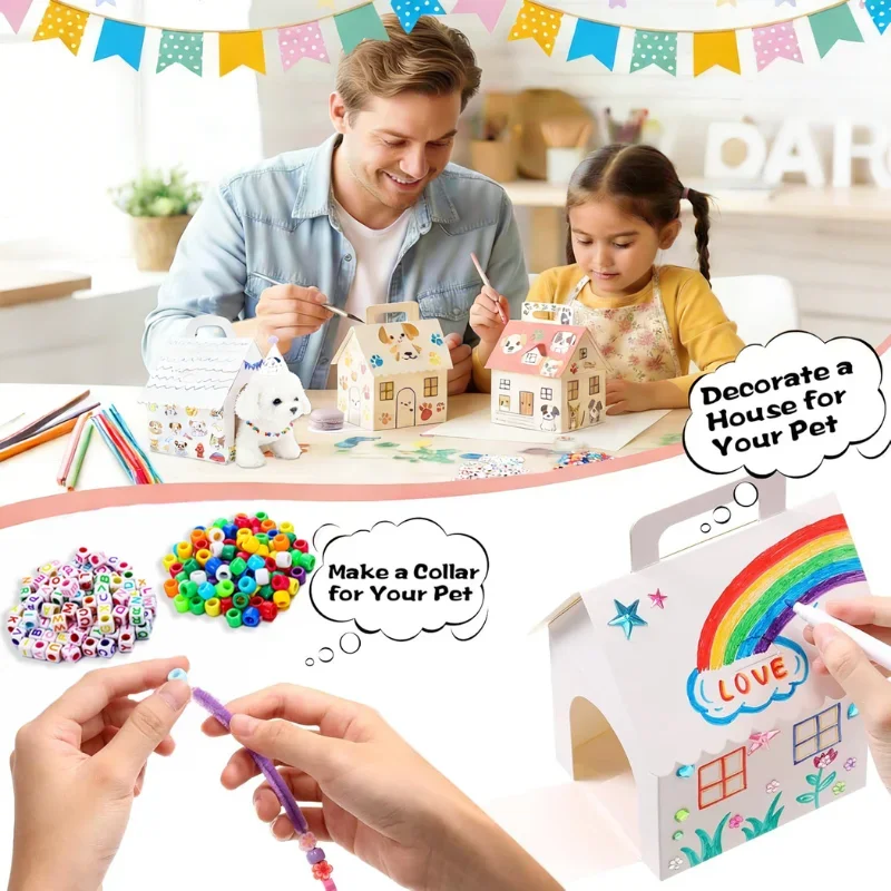 DIY Adopt a Puppy Party Favors Kit 12-36Sets Make Your Own Stuffed Animal Bead Pets with Dog House And Necklace Craft Toy Set