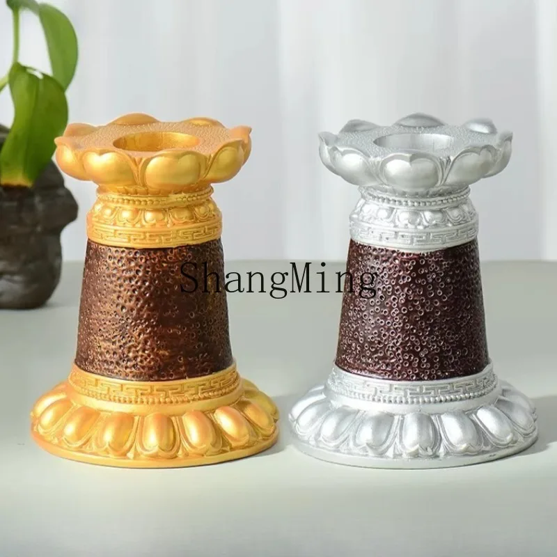 

CL Gold and Silver Colour Hand Crank Prayer Wheel Base Tibetan Lotus Resin Enshrined Household Worship Ornaments Religious