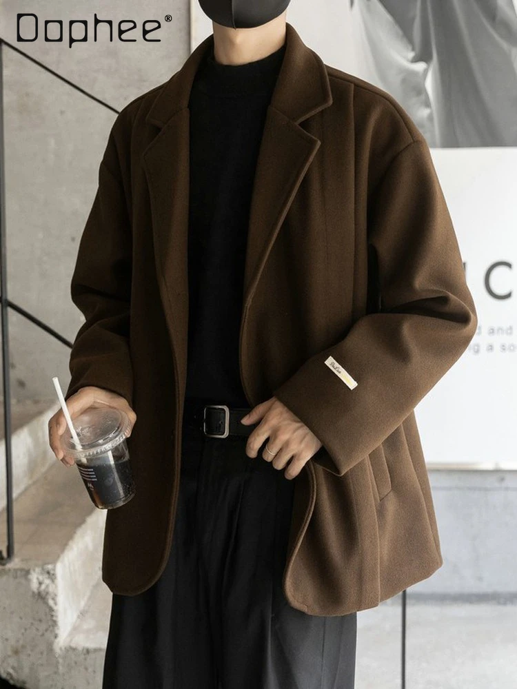 2025 Autumn Winter New Men's Loose Casual Brown Woolen Blazer High-end Padded Thickened Black Beige Add Cotton Jacket
