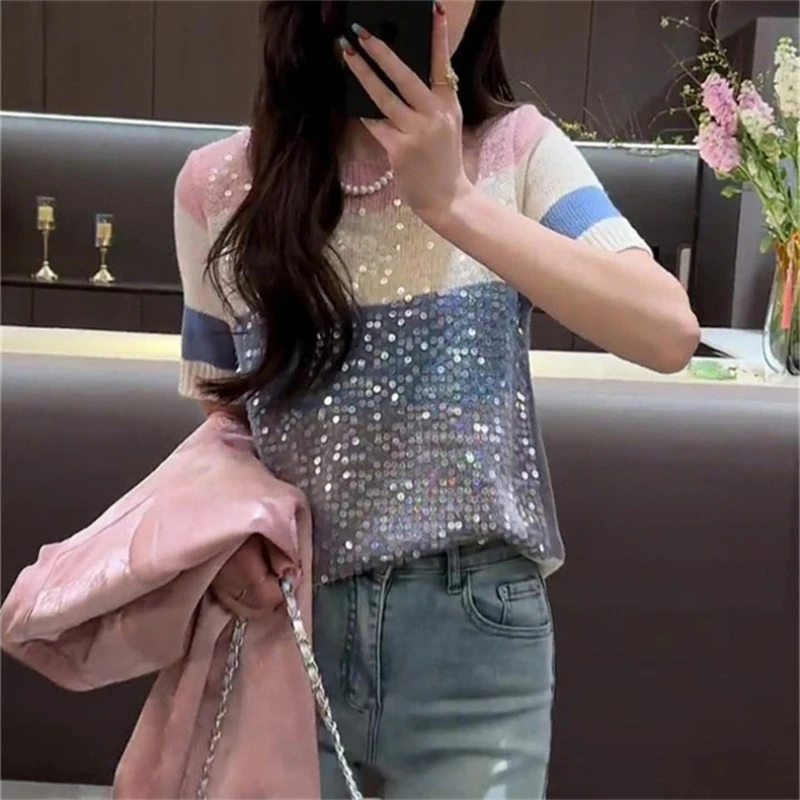 

Summer Tops Sequins Loose Striped Print Short Sleeve Sweater Women O-Neck Knitted Pullover Ladies New Popular Slim-Fit Top Q95