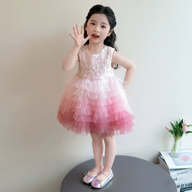 New Girls Gradient Color Dress Kids Tulle Princess Dress Sweet Fashion Sleeveless Puffy Dress Children Birthday Party Gown Ball