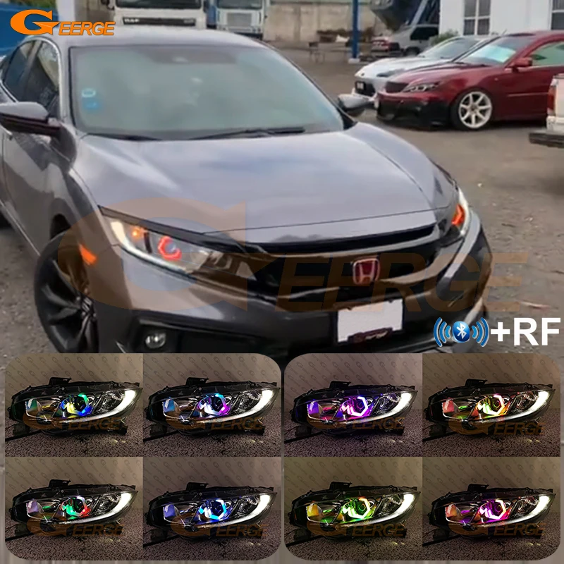 

For Honda Civic 9th 10th 11th Gen BT App Dynamic Revolving Multi Color RGB Led Angel Eyes Hex Halo Rings Turn Signal Lights