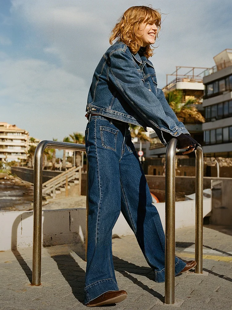 Pantaloni lunghi in denim allentato a gamba larga drappeggiati a vita alta Jeans casual da donna H&M 26750 Miscela di cotone poliestere